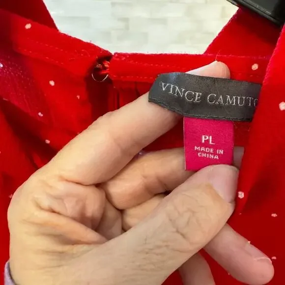 Vince Camuto Red Polka Dot Mock Neck Blouse | Women's Size Petite Large - Picture 4 of 5